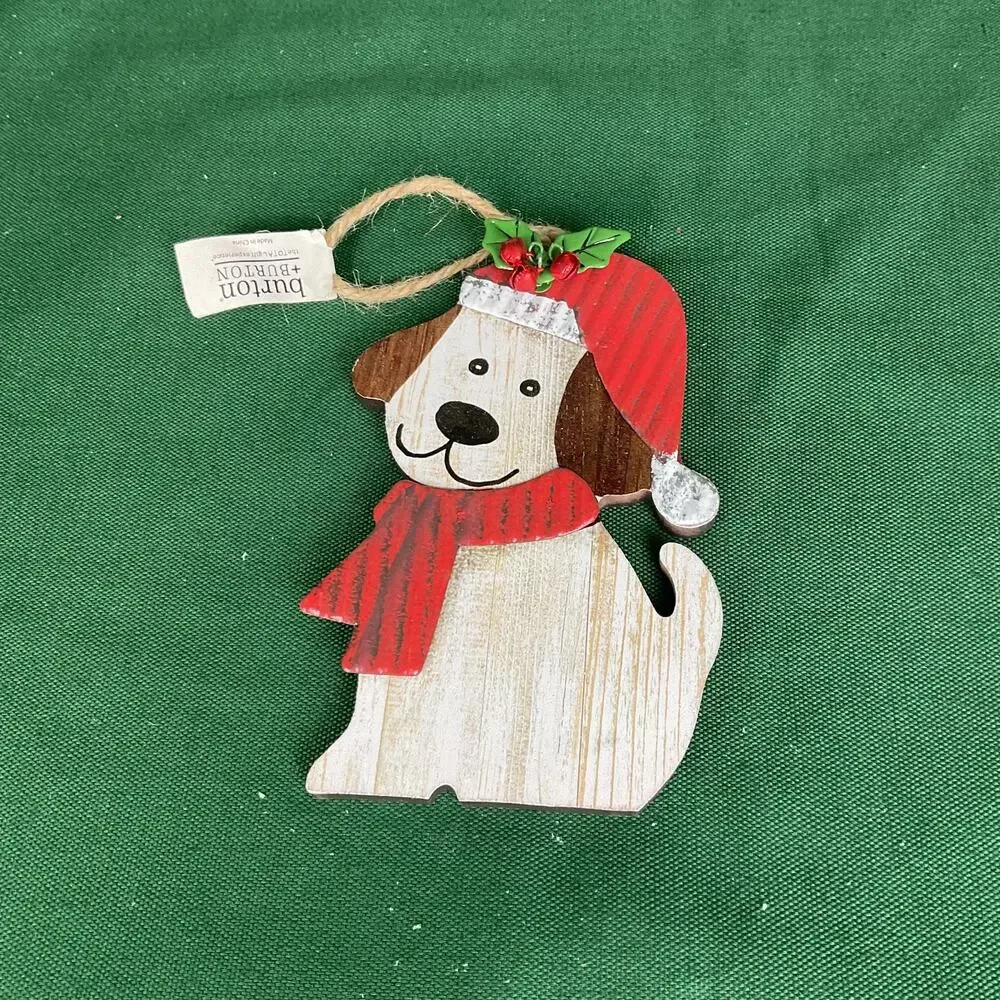Rustic Wooden Dog with Corrugated Metal Santa Hat & Scarf Christmas Ornament